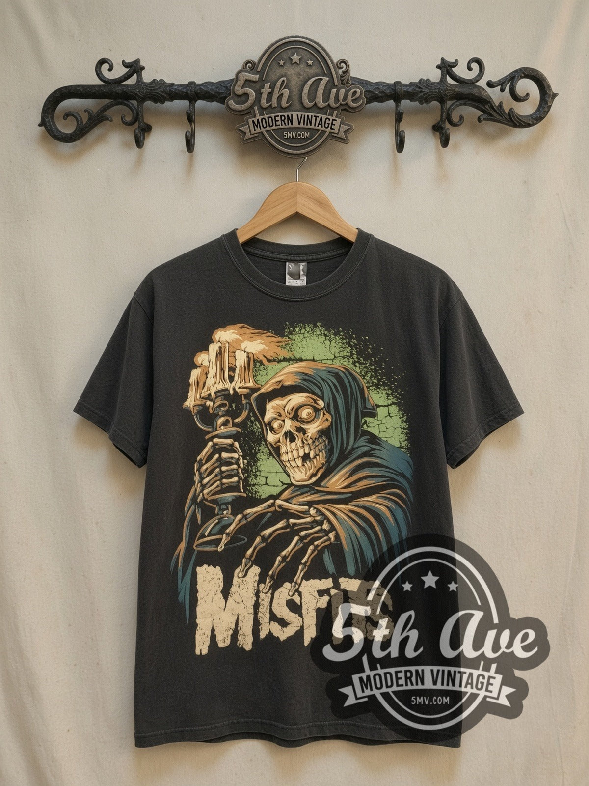 Misfits Hooded Skull Candelabra vintage band t-shirt, front view on a display rack