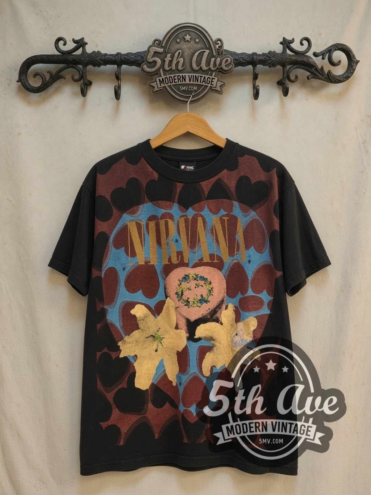 Nirvana Heart-Shaped Box all-over-print vintage band t-shirt, front view on the 5MV rack