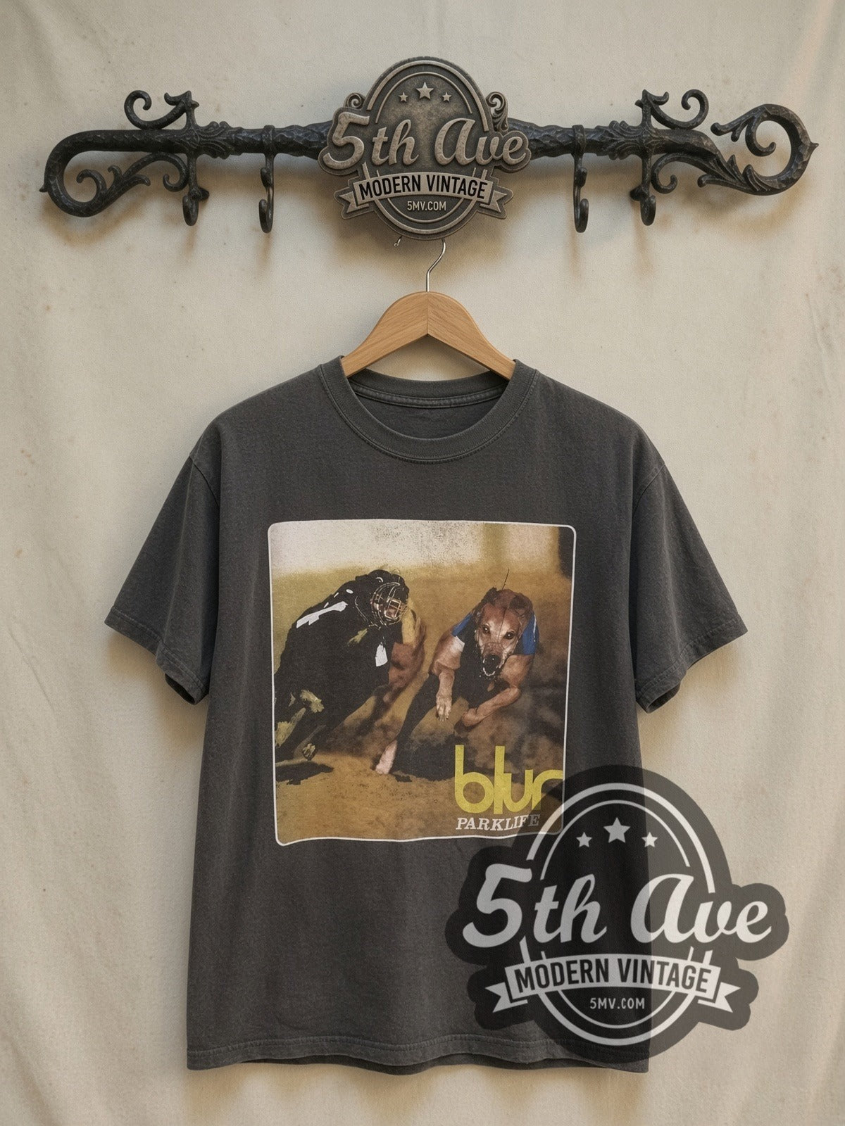 Blur Parklife vintage band t-shirt, front view on a display rack