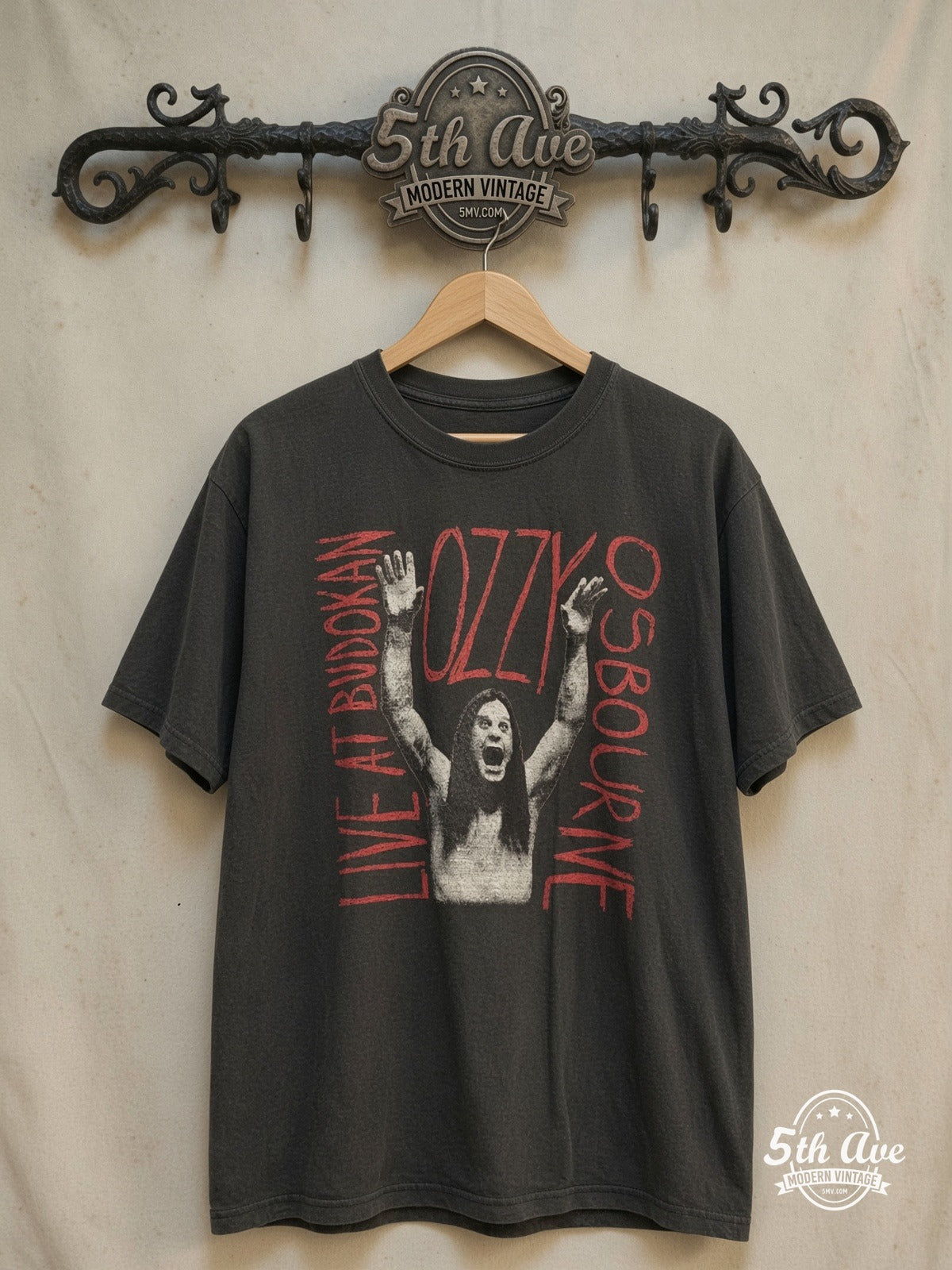 Ozzy Osbourne – Live at Budokan – Vintage Band T-Shirt — front on locked cream ornate 5th Ave rack