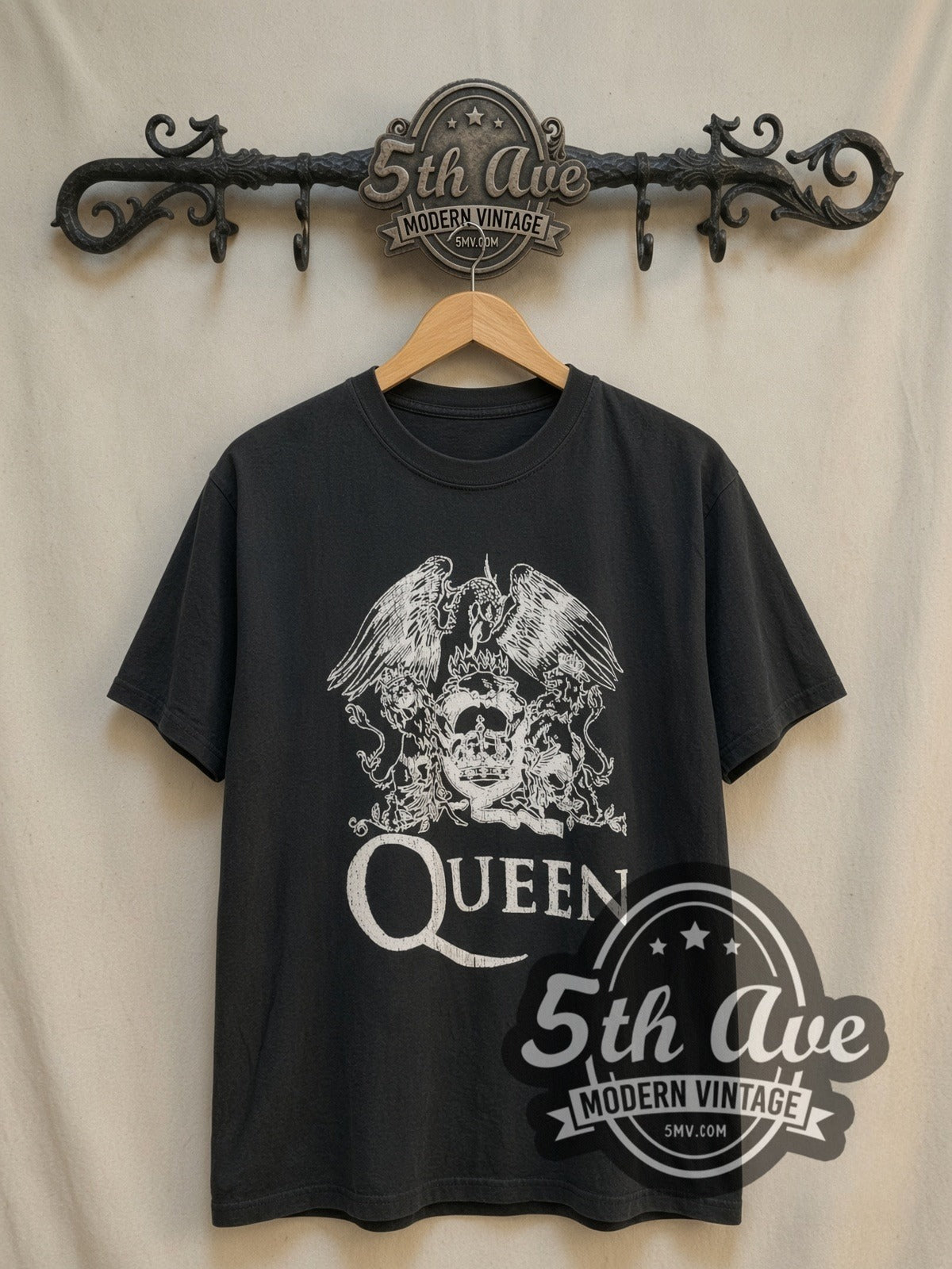 Queen Classic Crest White Print vintage band t-shirt in black, front view on the 5MV rack