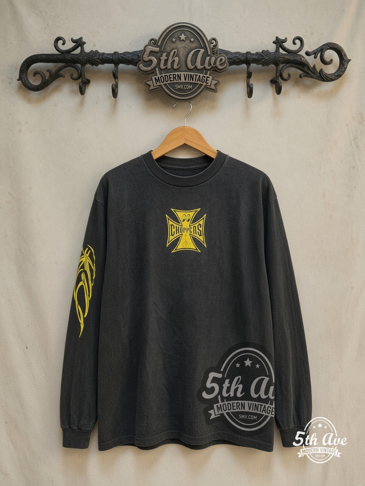 West Coast Choppers MoonEyes Surfin Craze graphic tee in black, front view on a display rack