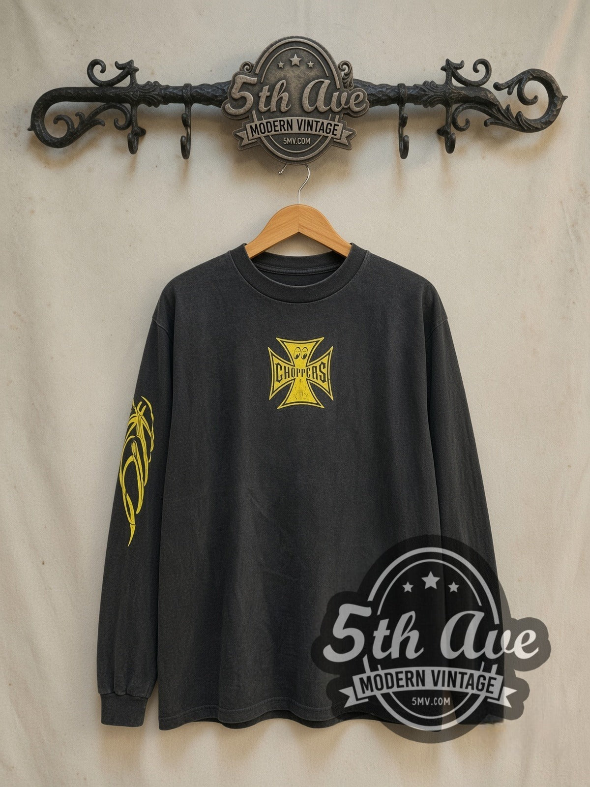 West Coast Choppers MoonEyes Surfin Craze vintage graphic long sleeve t-shirt, front view on a display rack