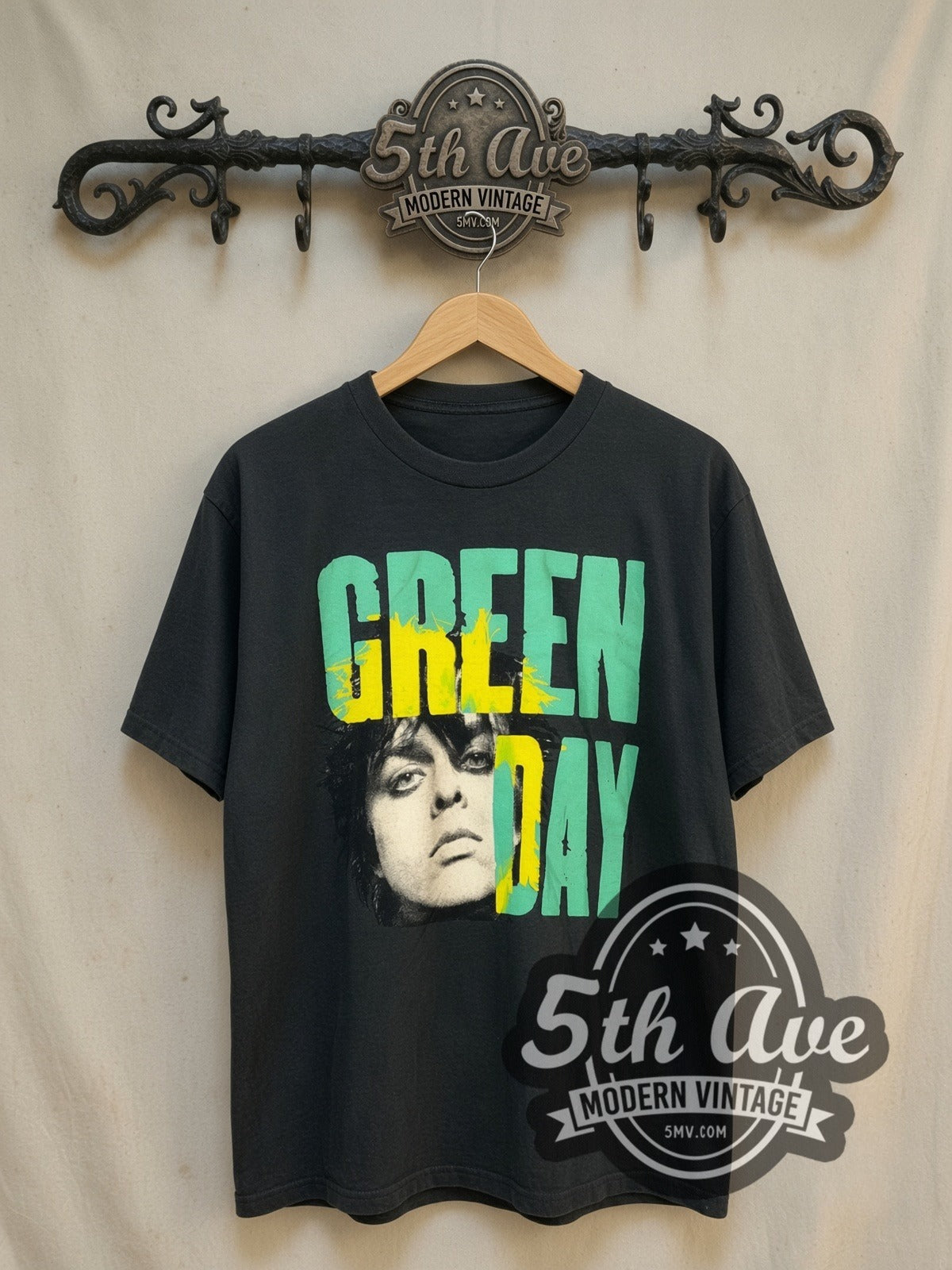 Green Day Billie Joe Portrait Teal Yellow Splash vintage band t-shirt, front view on the 5MV rack