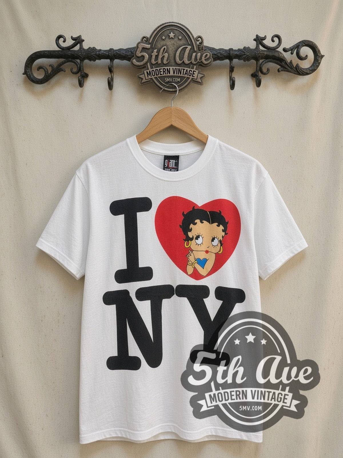 Betty Boop I Love New York vintage cartoon tee, front view on a display rack