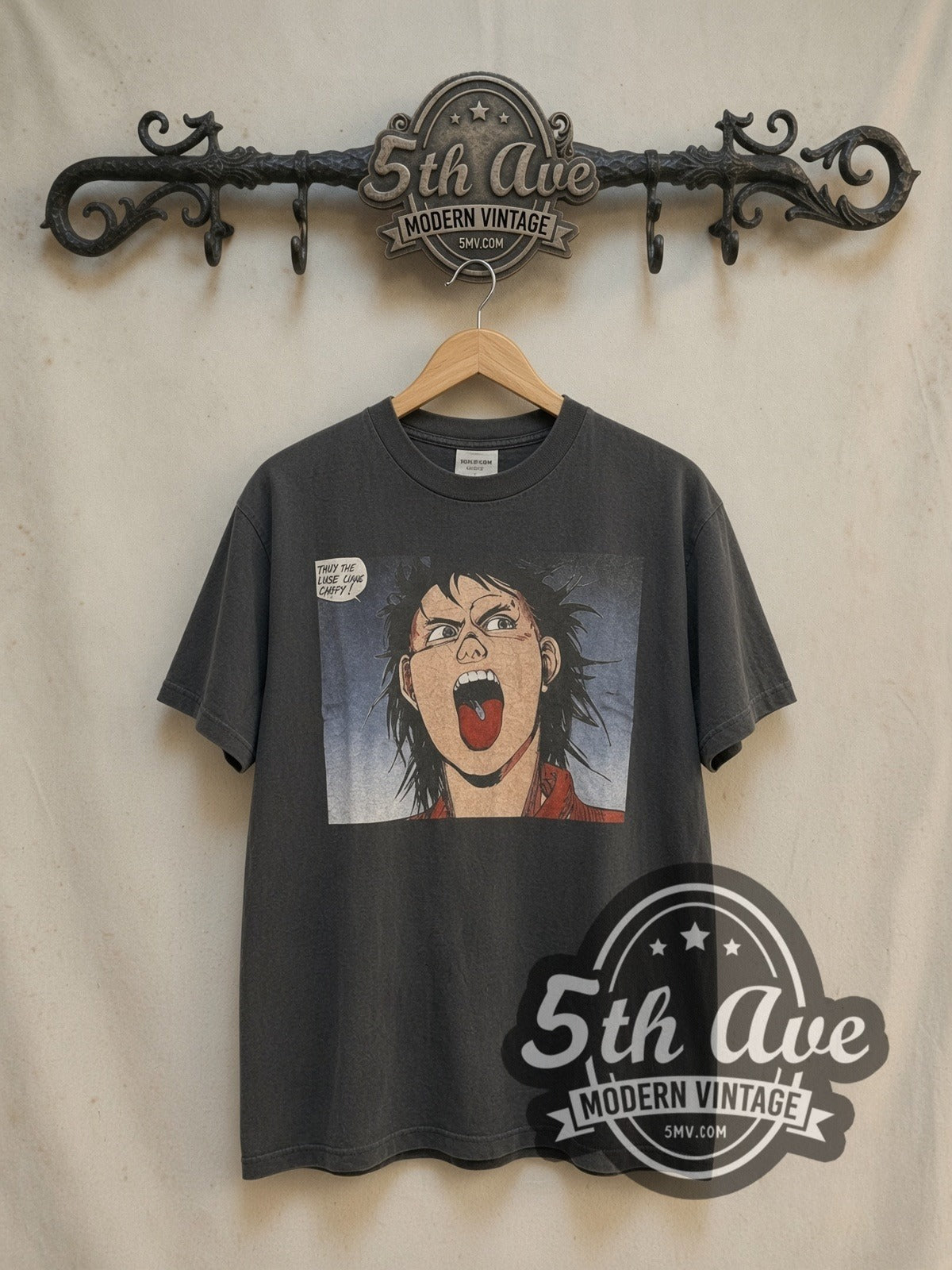 Akira Tetsuo They're Just Like Candy Pill vintage graphic t-shirt, front view on a display rack