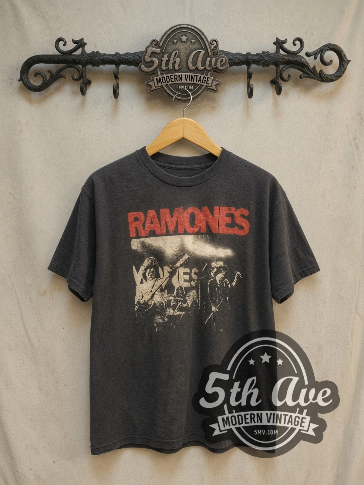 Ramones Live Stage Shot Red Logo vintage band t-shirt, front view on a display rack