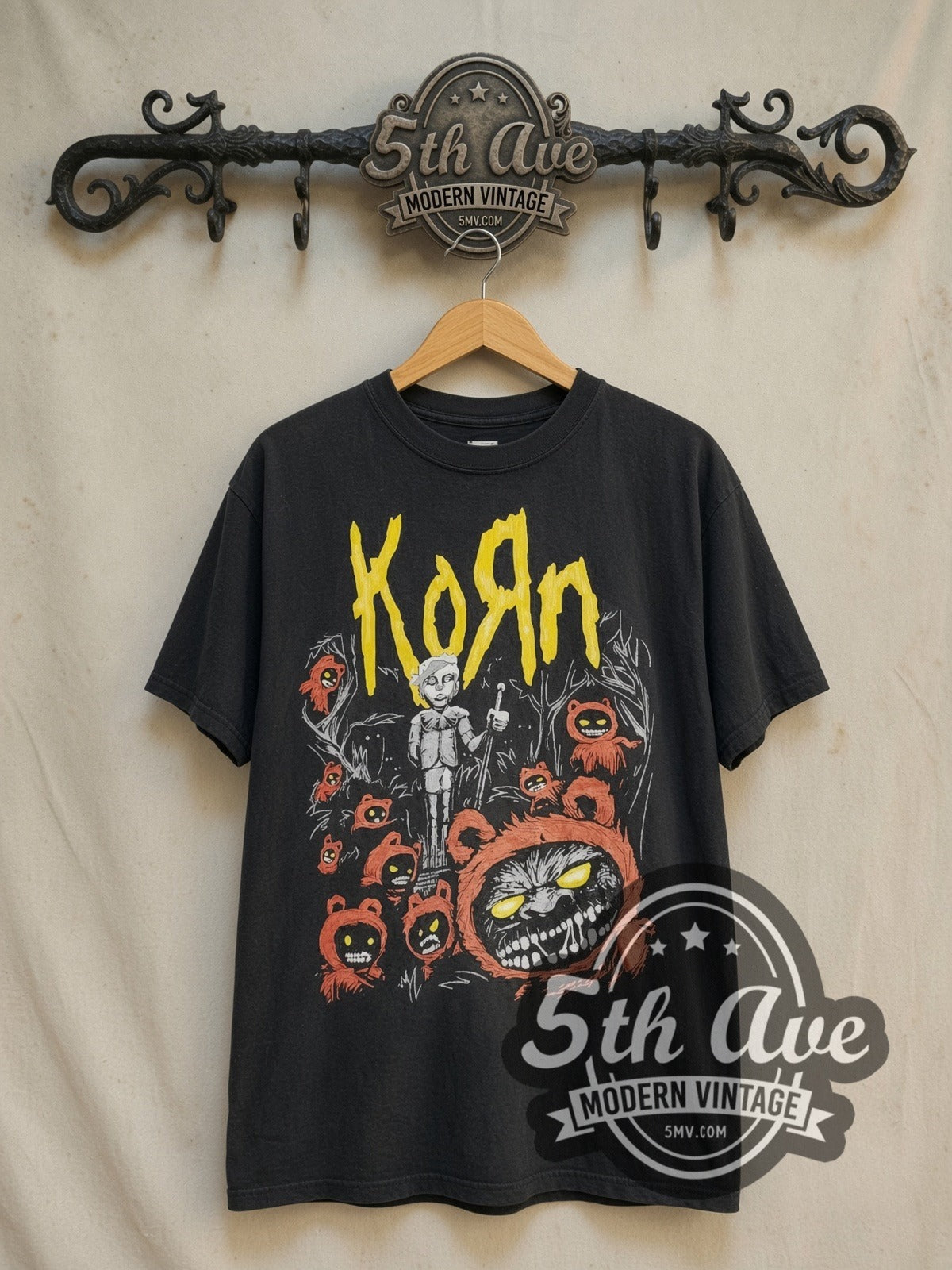 Korn Red Bear Zombie vintage band t-shirt in black, front view on the 5MV rack