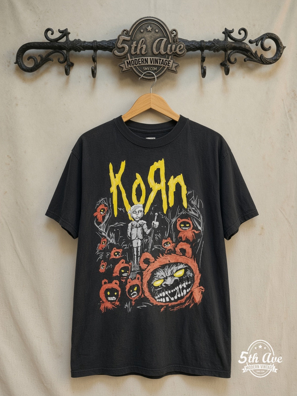 Korn – Red Bear Zombie – Vintage Band T-Shirt — front on locked cream ornate 5th Ave rack