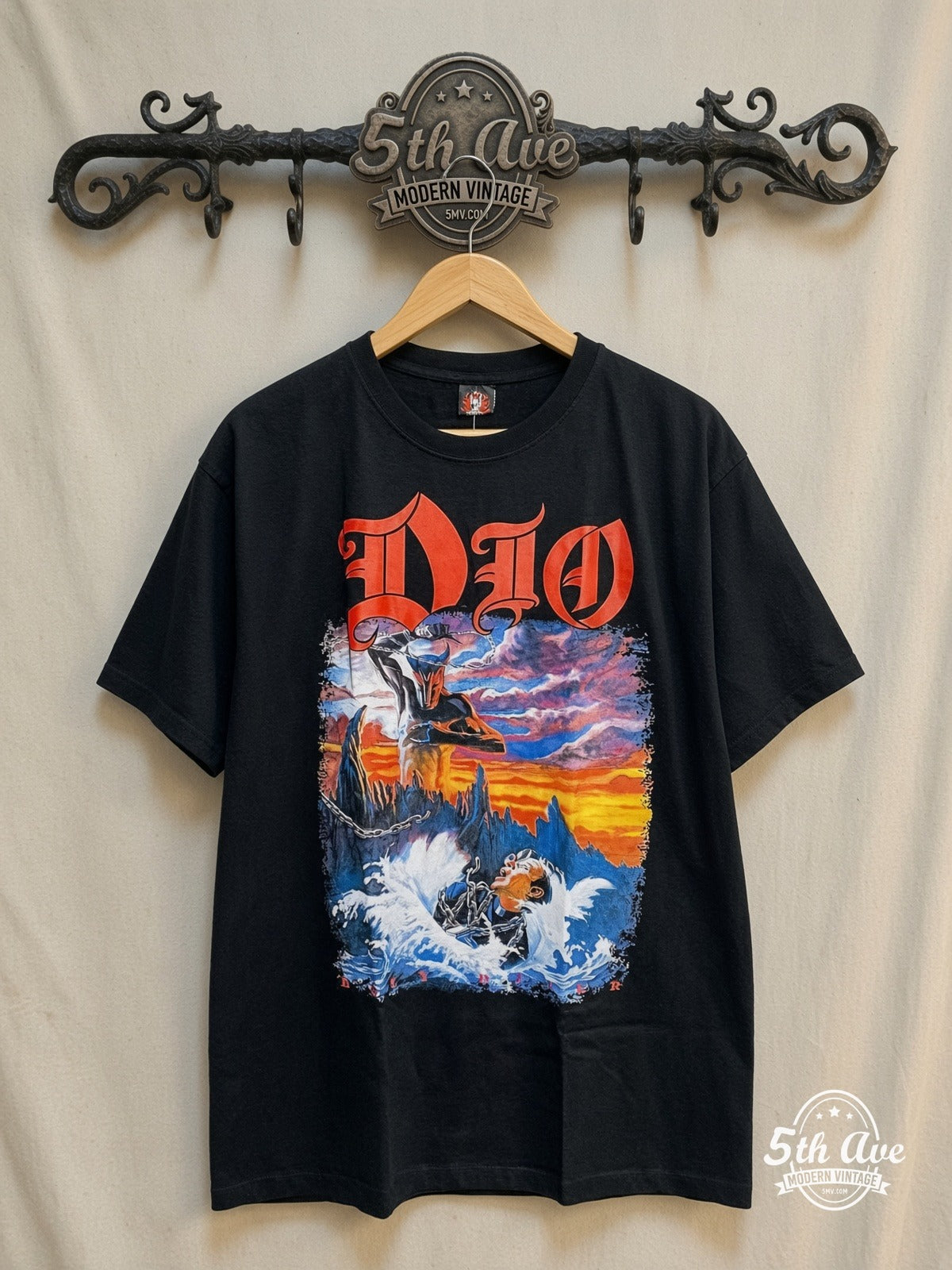 Dio – Holy Diver Full Scene Priest Drowning – Vintage Band T-Shirt — front on locked cream ornate 5th Ave rack