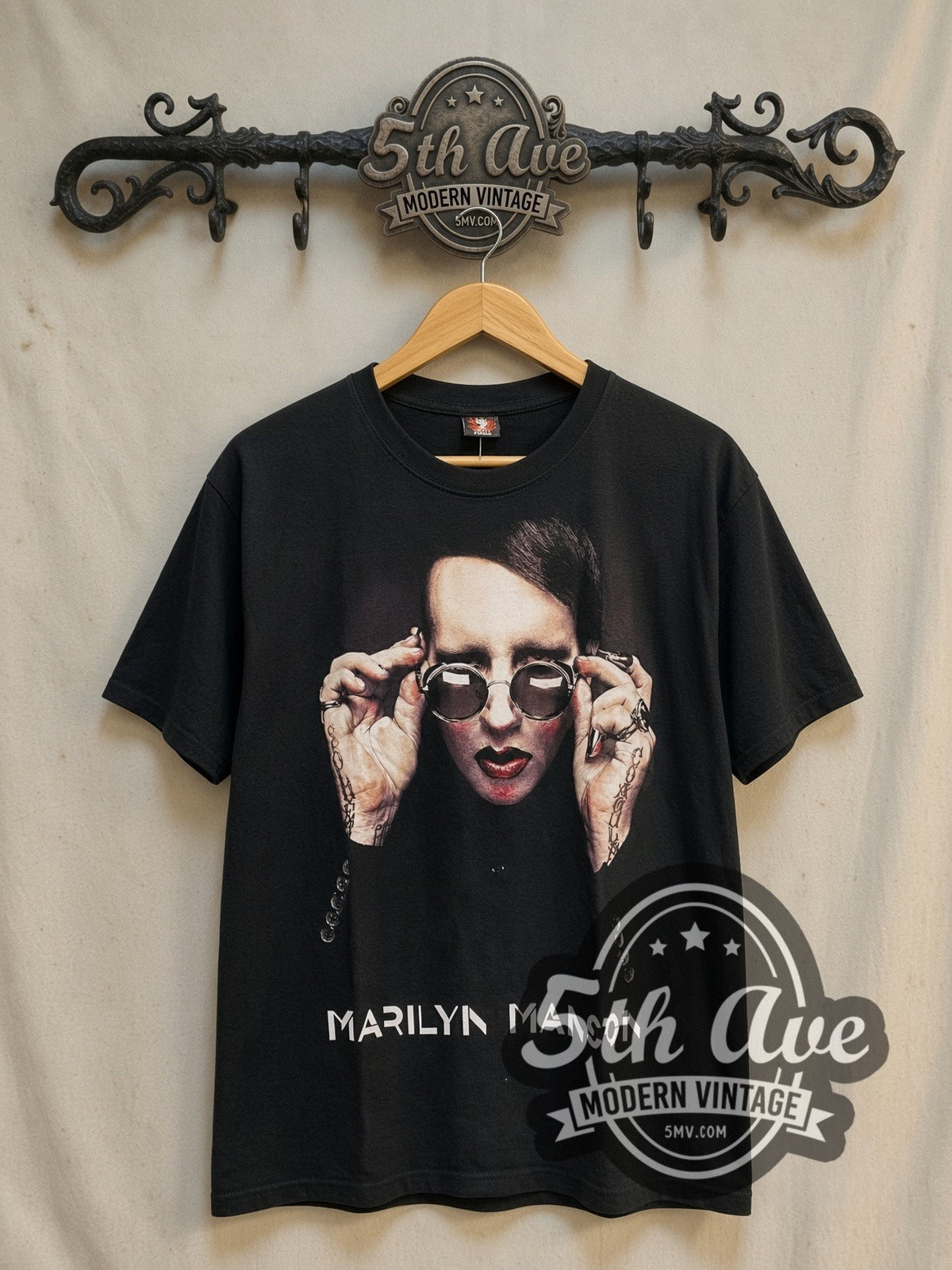 Marilyn Manson Sunglasses Portrait vintage band t-shirt, front view on the 5MV rack