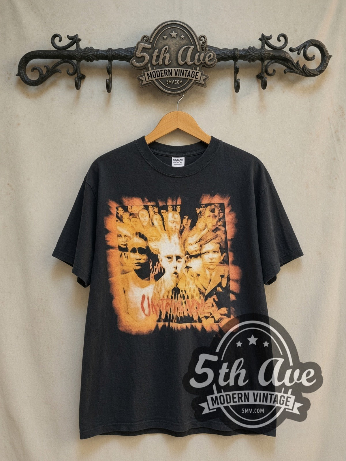 Korn World Tour 2002 vintage band t-shirt in black, front view on the 5MV rack