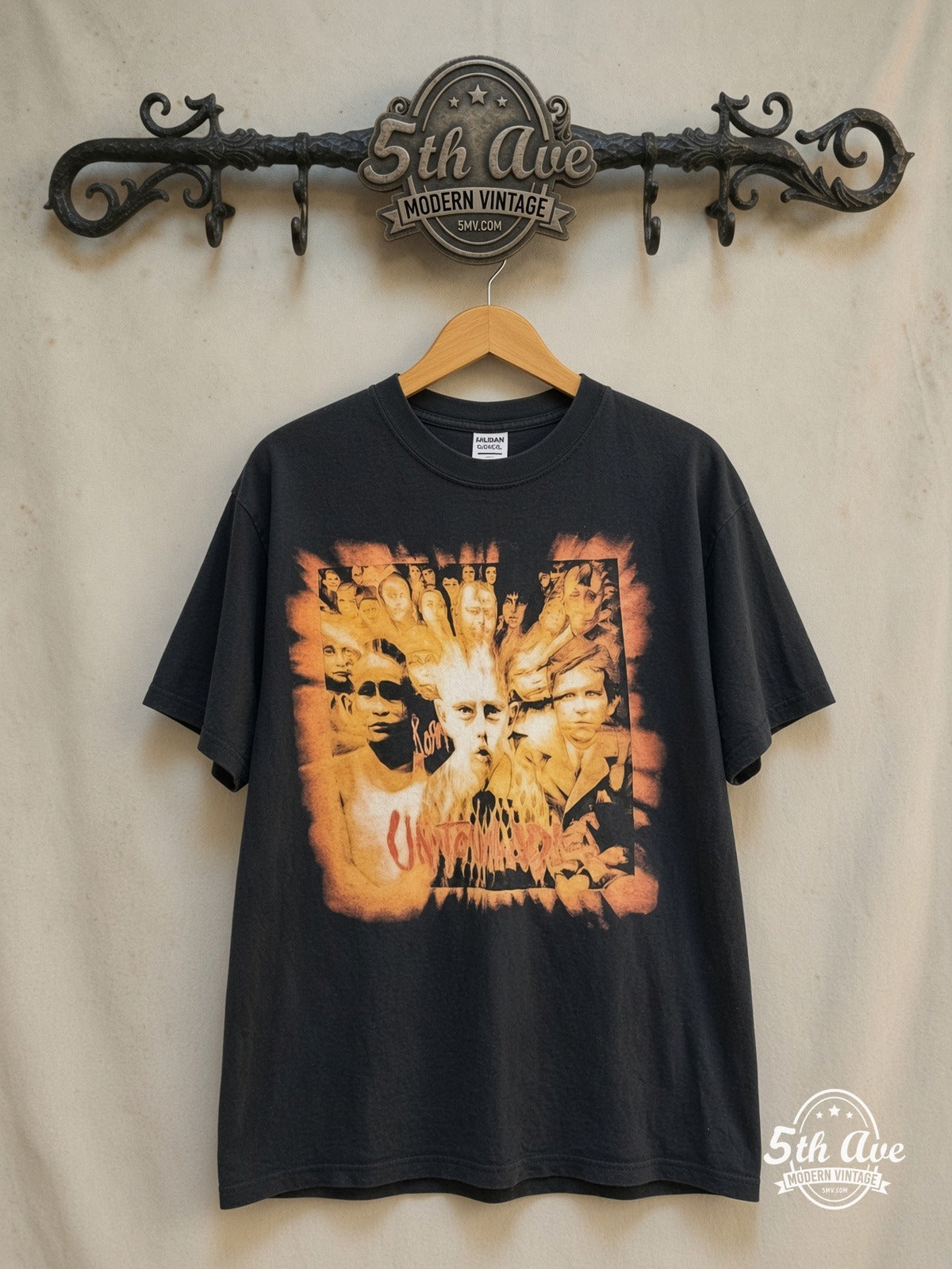 Korn – World Tour' 2002 – Vintage Band T-Shirt — front on locked cream ornate 5th Ave rack