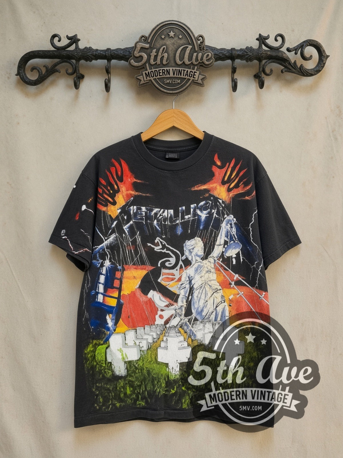 Metallica ...And Justice for All all-over-print vintage band t-shirt in black, front view on the 5MV rack