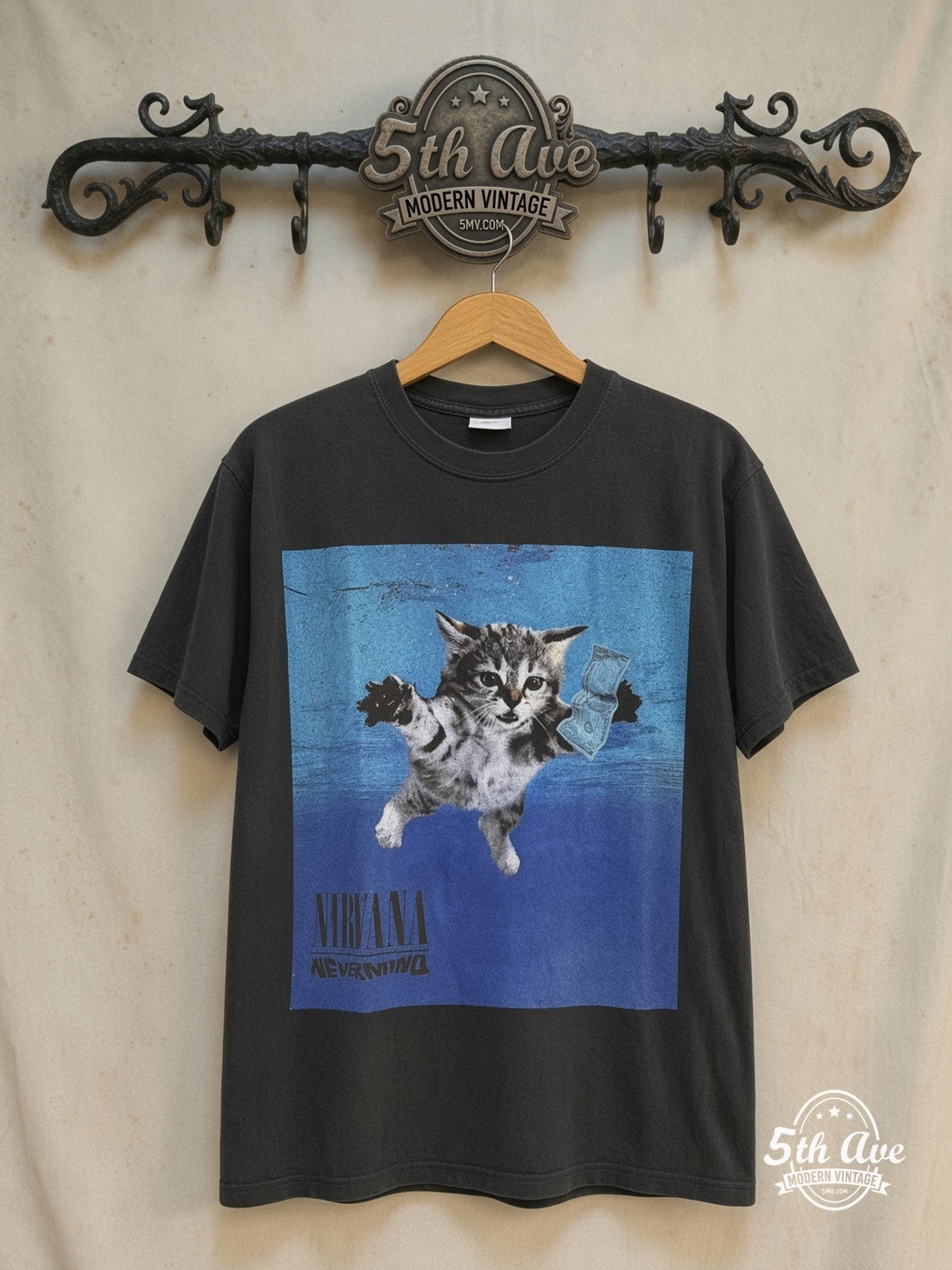 Nirvana – Nevermind Kitten Parody Cat Breeds Black – Vintage Band T-Shirt — front on locked cream ornate 5th Ave rack