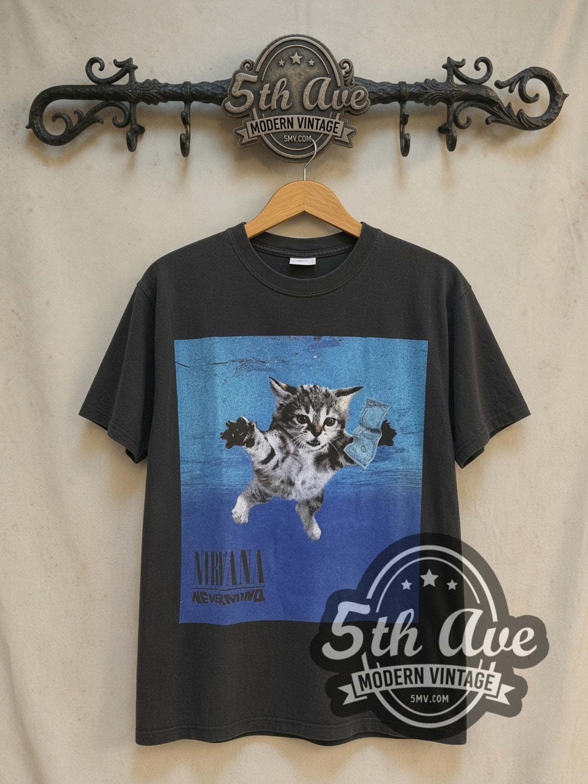 Nirvana Nevermind Kitten Parody Cat Breeds vintage band t-shirt in black, front view on the 5MV rack