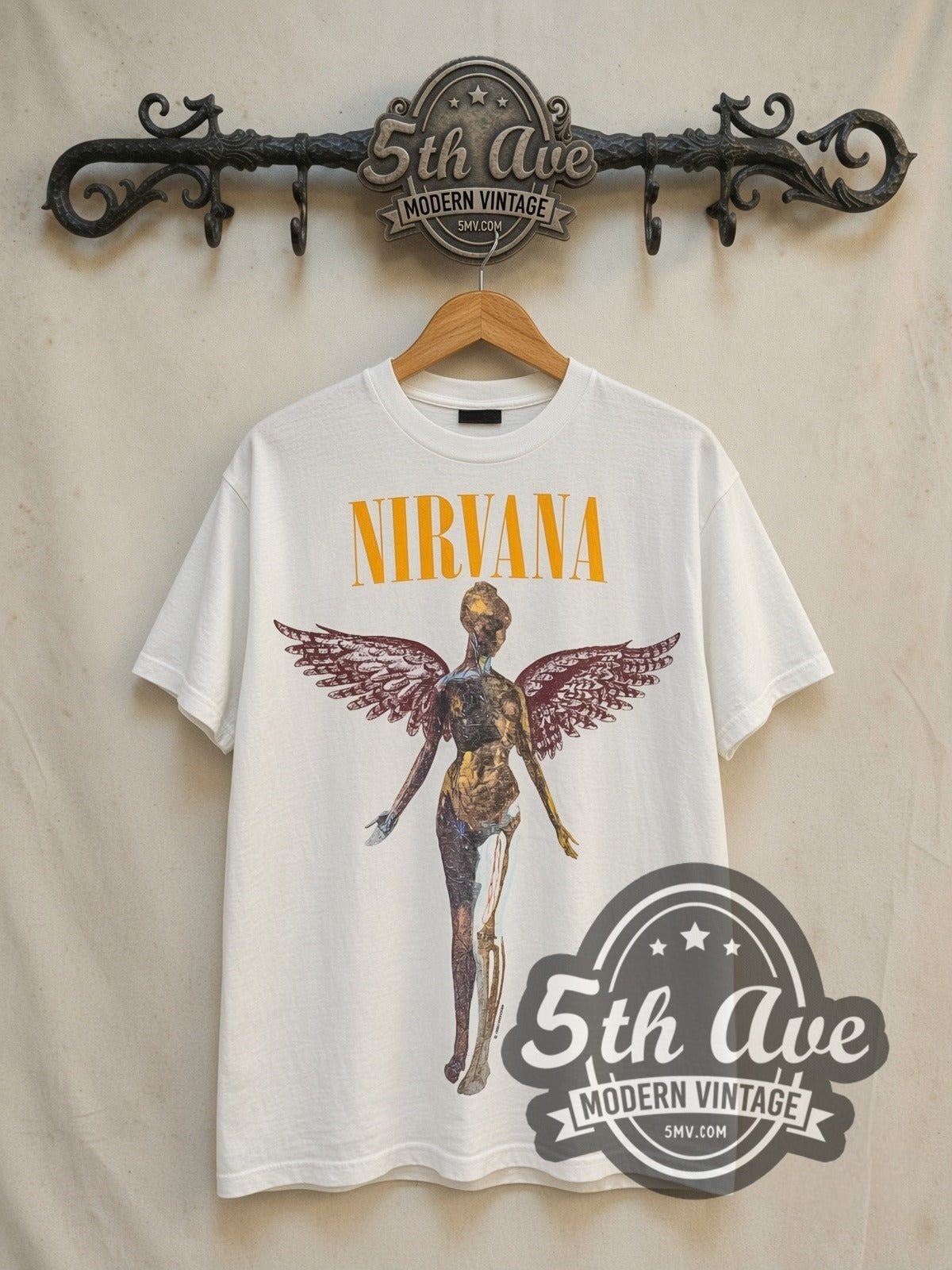 Nirvana In Utero Yellow Logo Angel Back Print vintage band t-shirt in white, front view on the 5MV rack