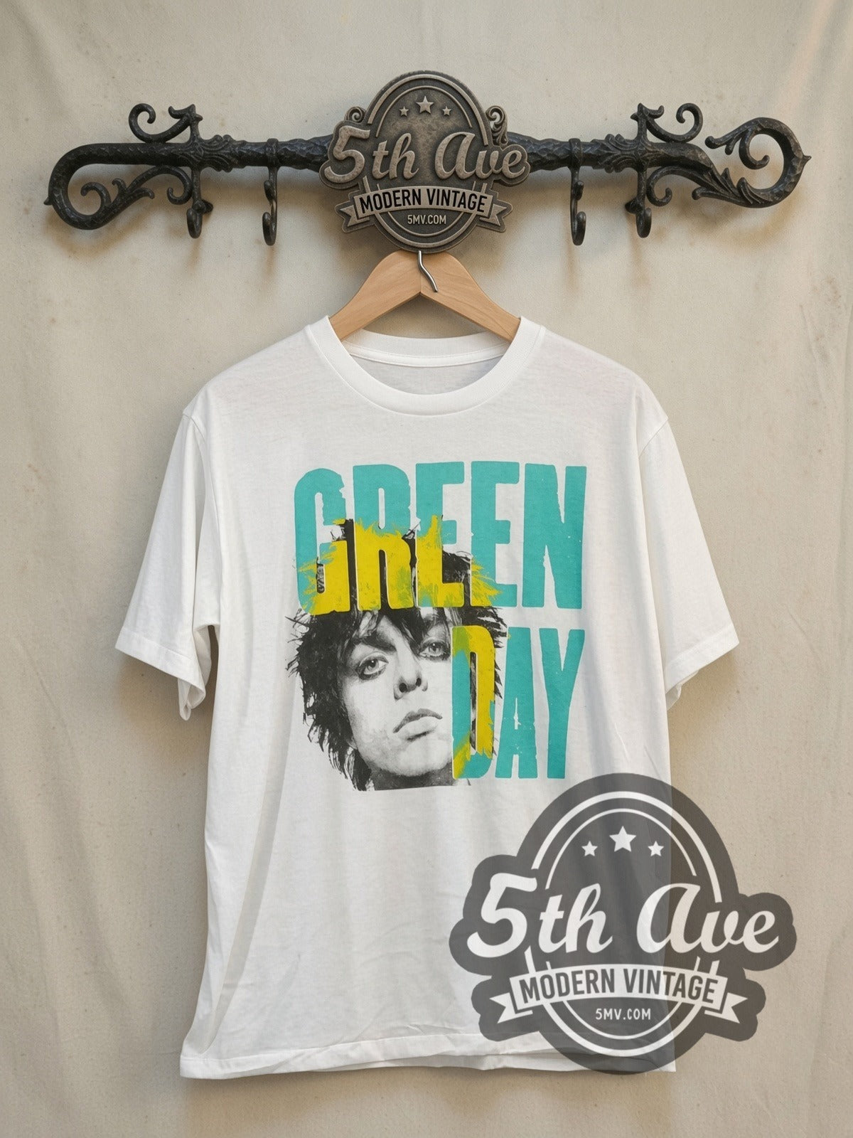 Green Day Portrait Logo vintage band t-shirt in white, front view on the 5MV rack