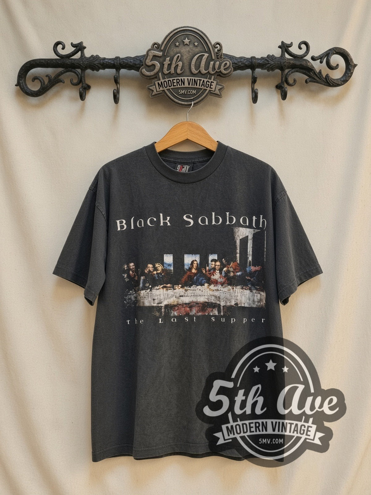 Black Sabbath The Last Supper 1992 vintage band t-shirt in black, front view on the 5MV rack