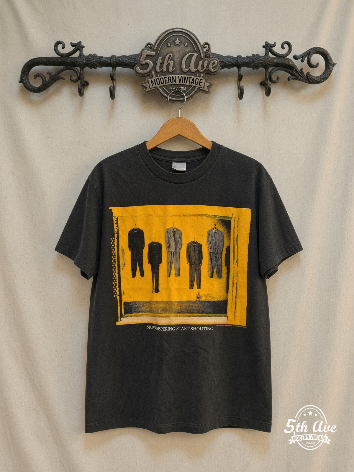 Radiohead – Stop Whispering – Vintage Band T-Shirt — front on locked cream ornate 5th Ave rack