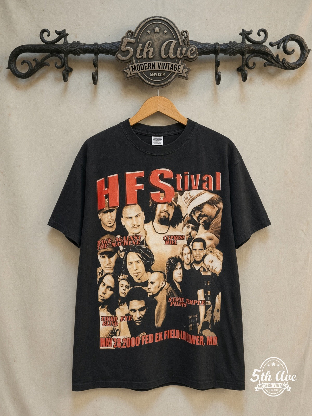 Hfstival – Rock Festival City List – Vintage Band T-Shirt — front on locked cream ornate 5th Ave rack