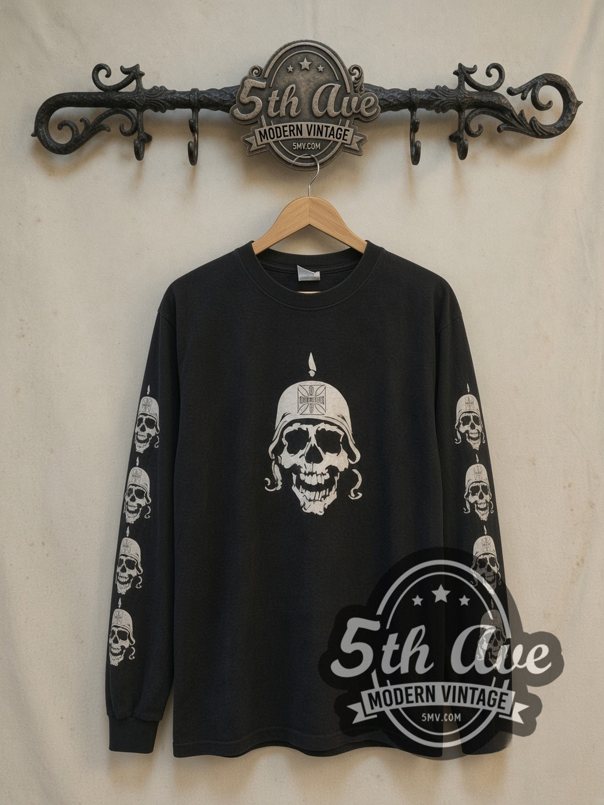 West Coast Choppers Stahlhelm Skull Iron Cross vintage graphic long sleeve t-shirt, front view on a display rack