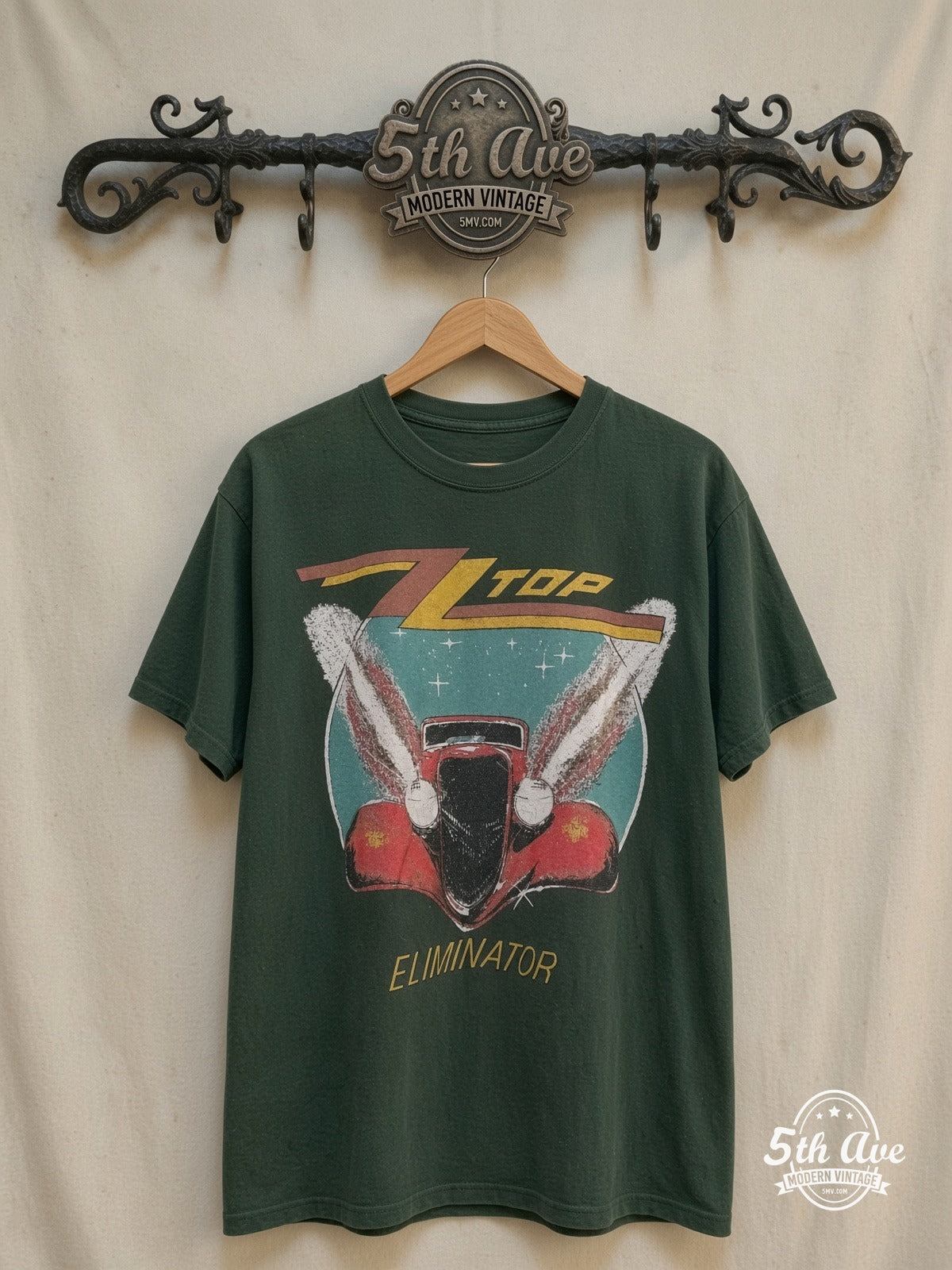 ZZ Top – Eliminator Express 1983-84 – Vintage Band T-Shirt — front on locked cream ornate 5th Ave rack