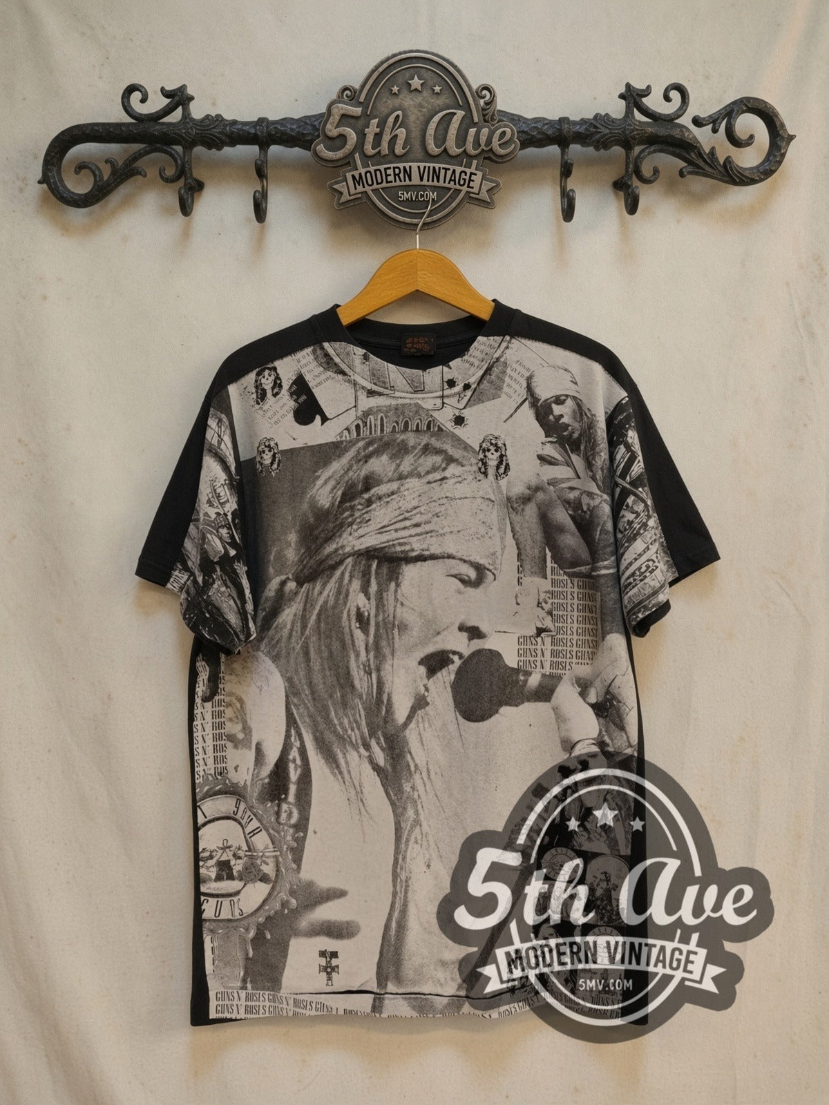 Guns N' Roses Axl Rose all-over-print vintage band t-shirt in black, front view on a display rack