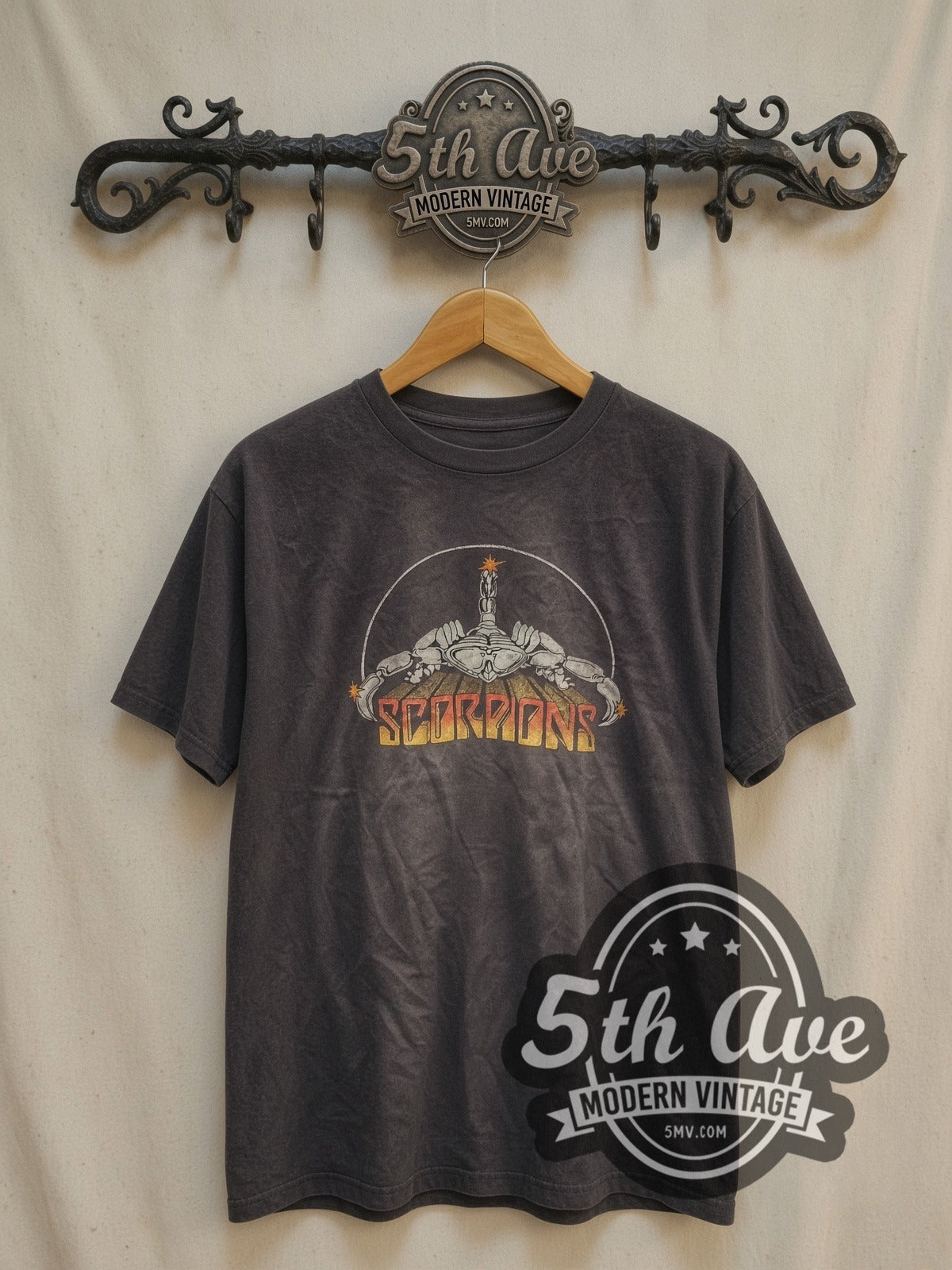 Scorpions vintage band t-shirt, front view on a display rack