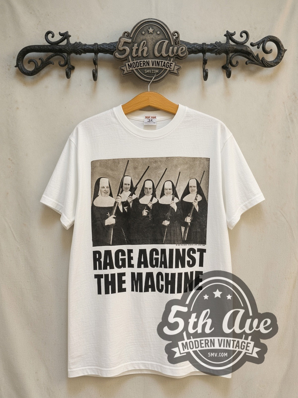Rage Against the Machine Nuns And Guns vintage band t-shirt in white, front view on the 5MV rack