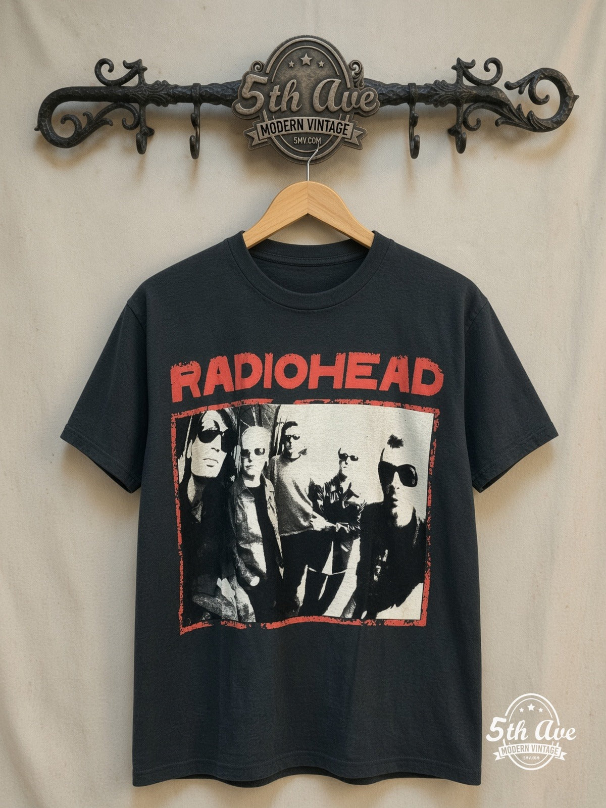 Radiohead – Sunglasses Band Photo Red Border Black – Vintage Band T-Shirt — front on locked cream ornate 5th Ave rack