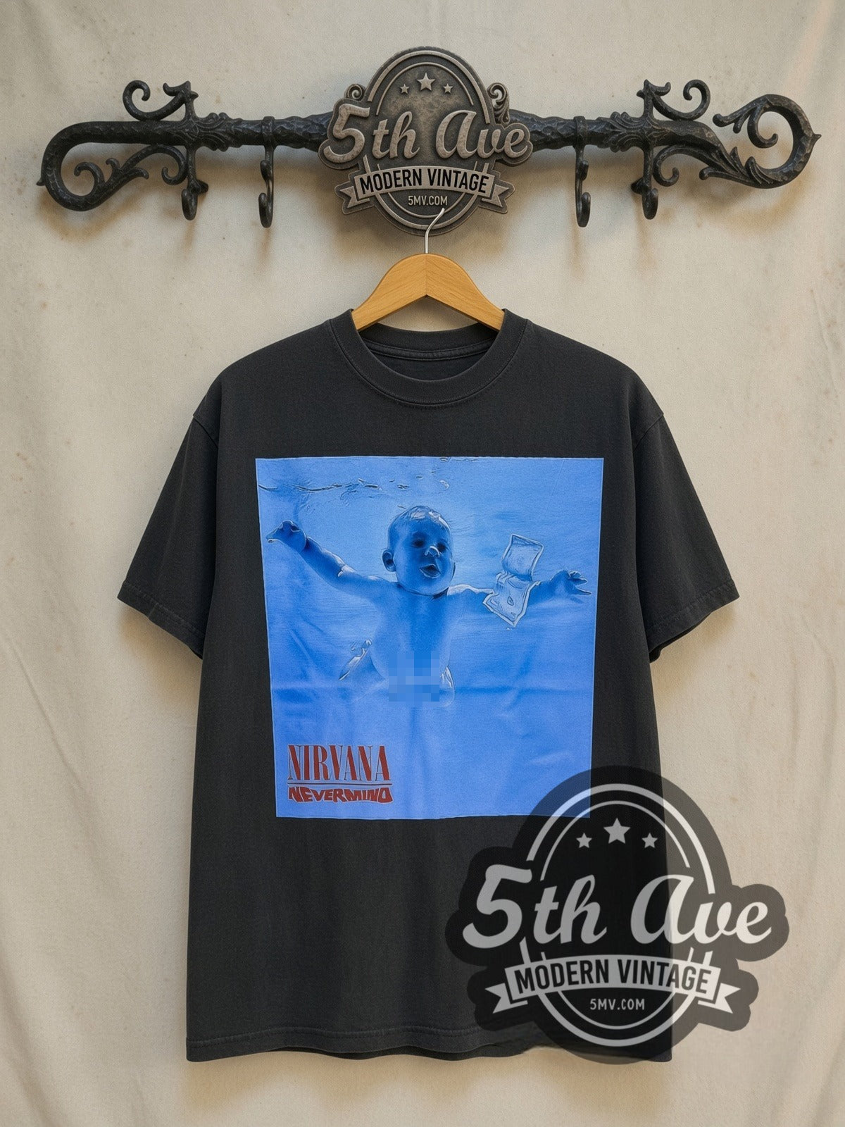 Nirvana Nevermind Baby Underwater vintage band t-shirt in black, front view on the 5MV rack