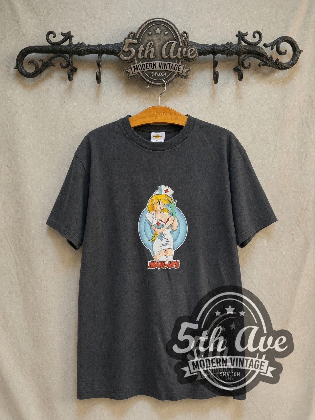 Hook-Ups Nurse Daisy vintage anime tee in black, front view on a display rack