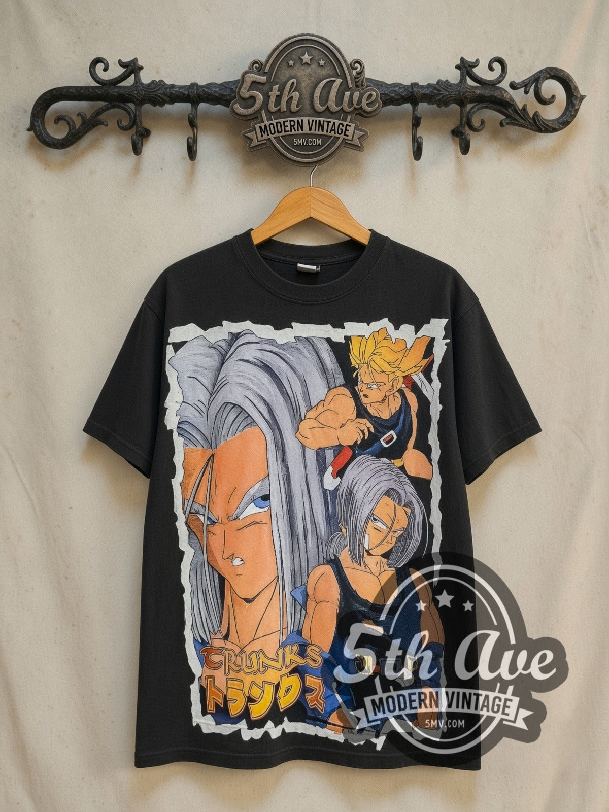 Dragon Ball Z Future Trunks all-over-print vintage anime t-shirt, front view on a display rack