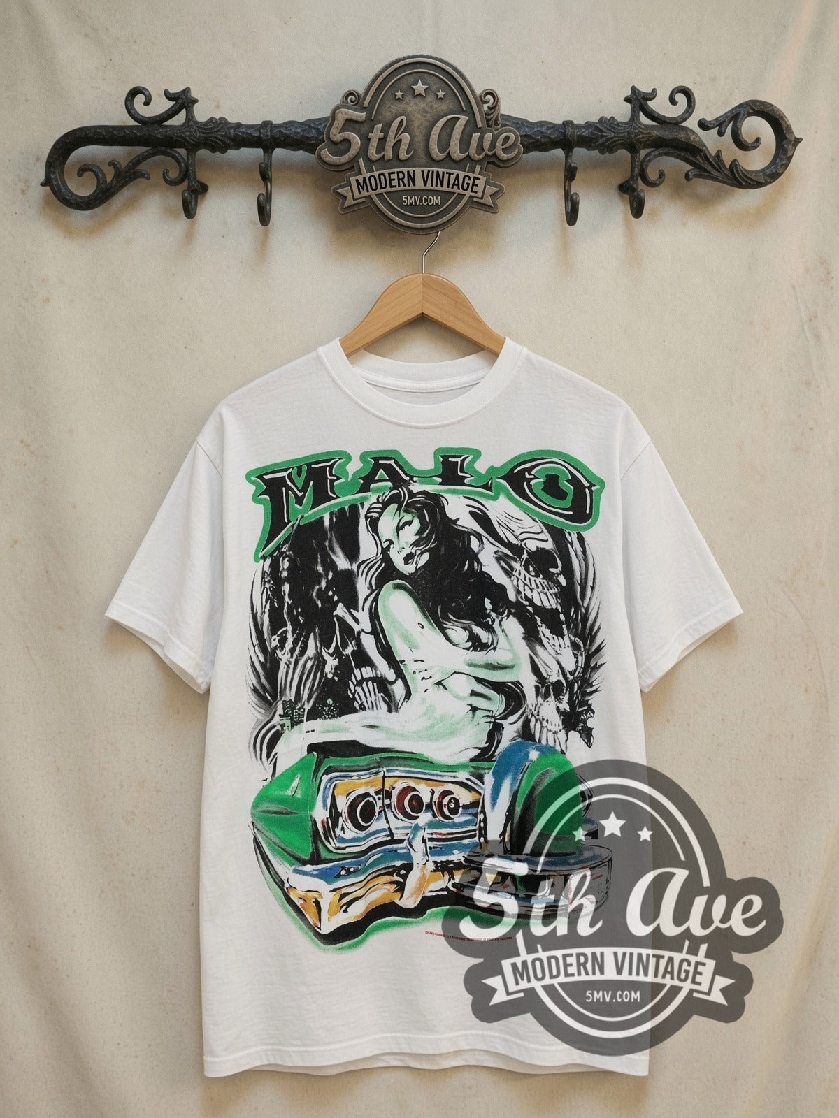 Malo Lowrider vintage graphic tee, front view on a display rack