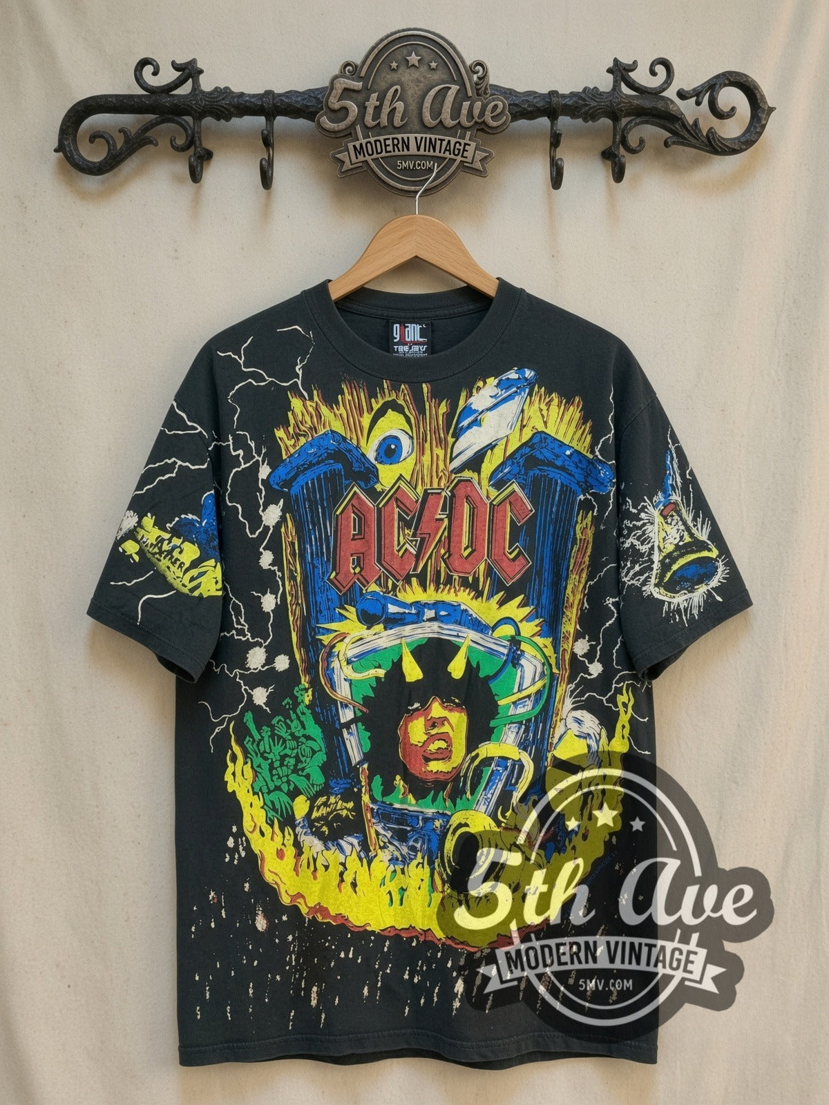 AC/DC Angus Young Thunderstruck all-over-print vintage band t-shirt, front view on the 5MV rack