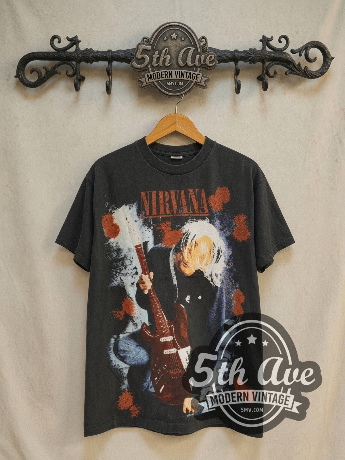 Nirvana Kurt Cobain Red Guitar vintage band t-shirt, front view on the 5MV rack