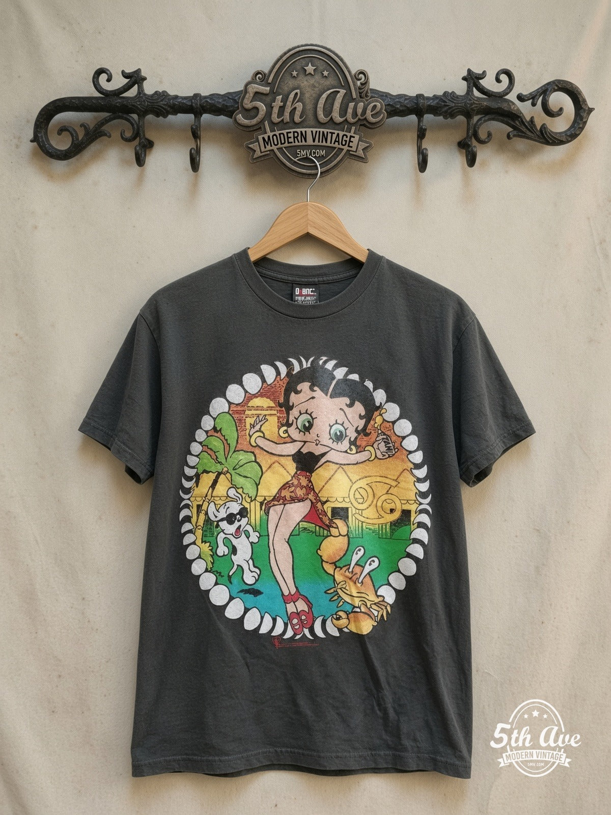 Betty Boop – Beach Crab – New Vintage Graphic Tee — front on locked cream ornate 5th Ave rack