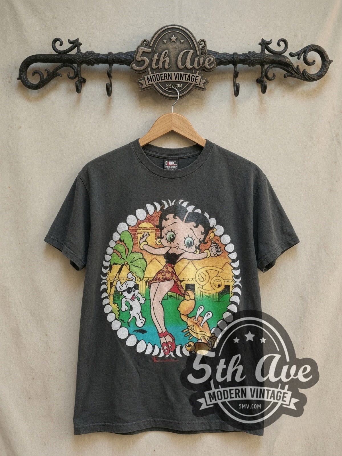 Betty Boop Beach Crab vintage cartoon tee, front view on a display rack