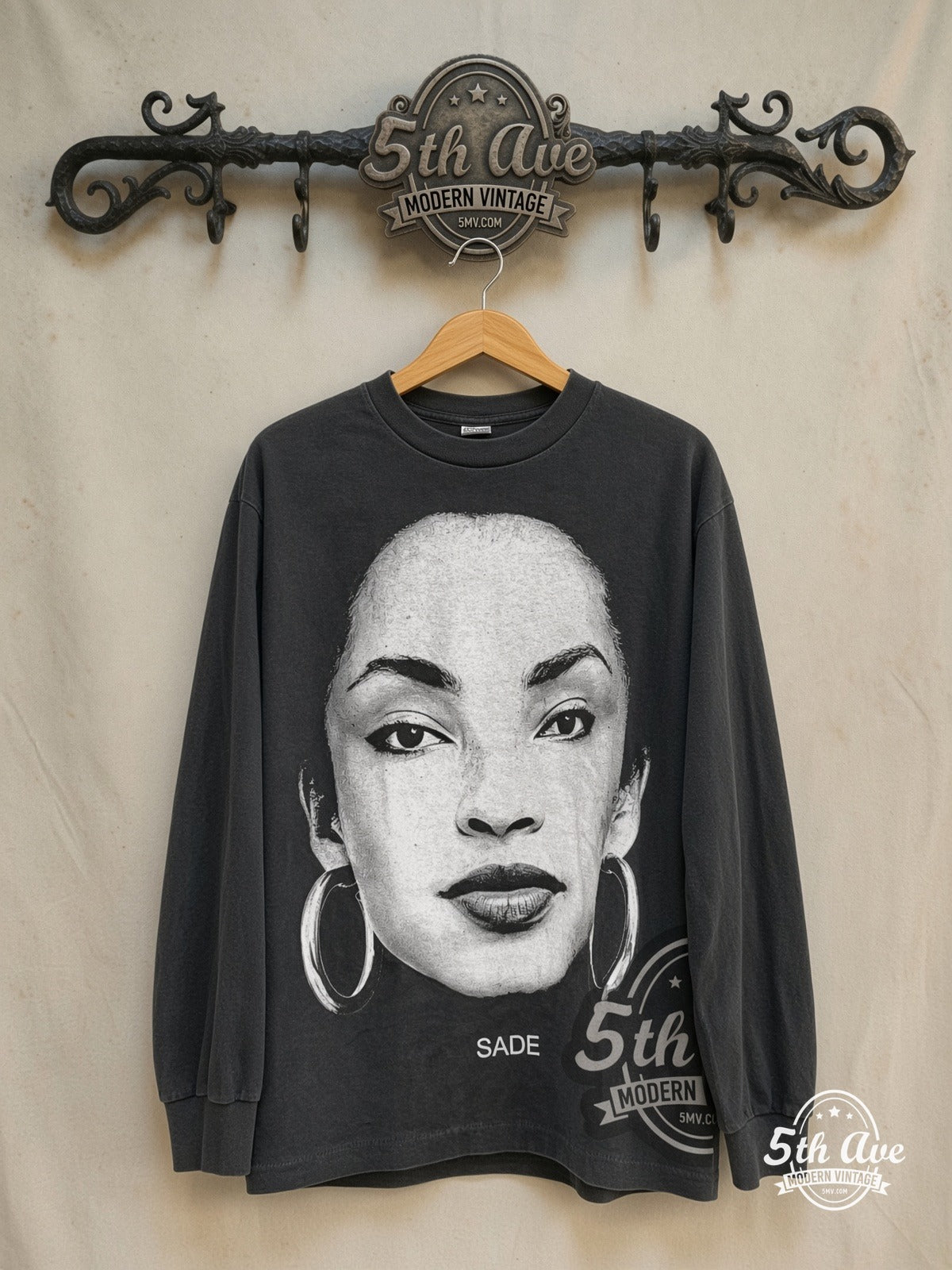 Sade – Love Deluxe – Vintage Band T-Shirt — front on locked cream ornate 5th Ave rack
