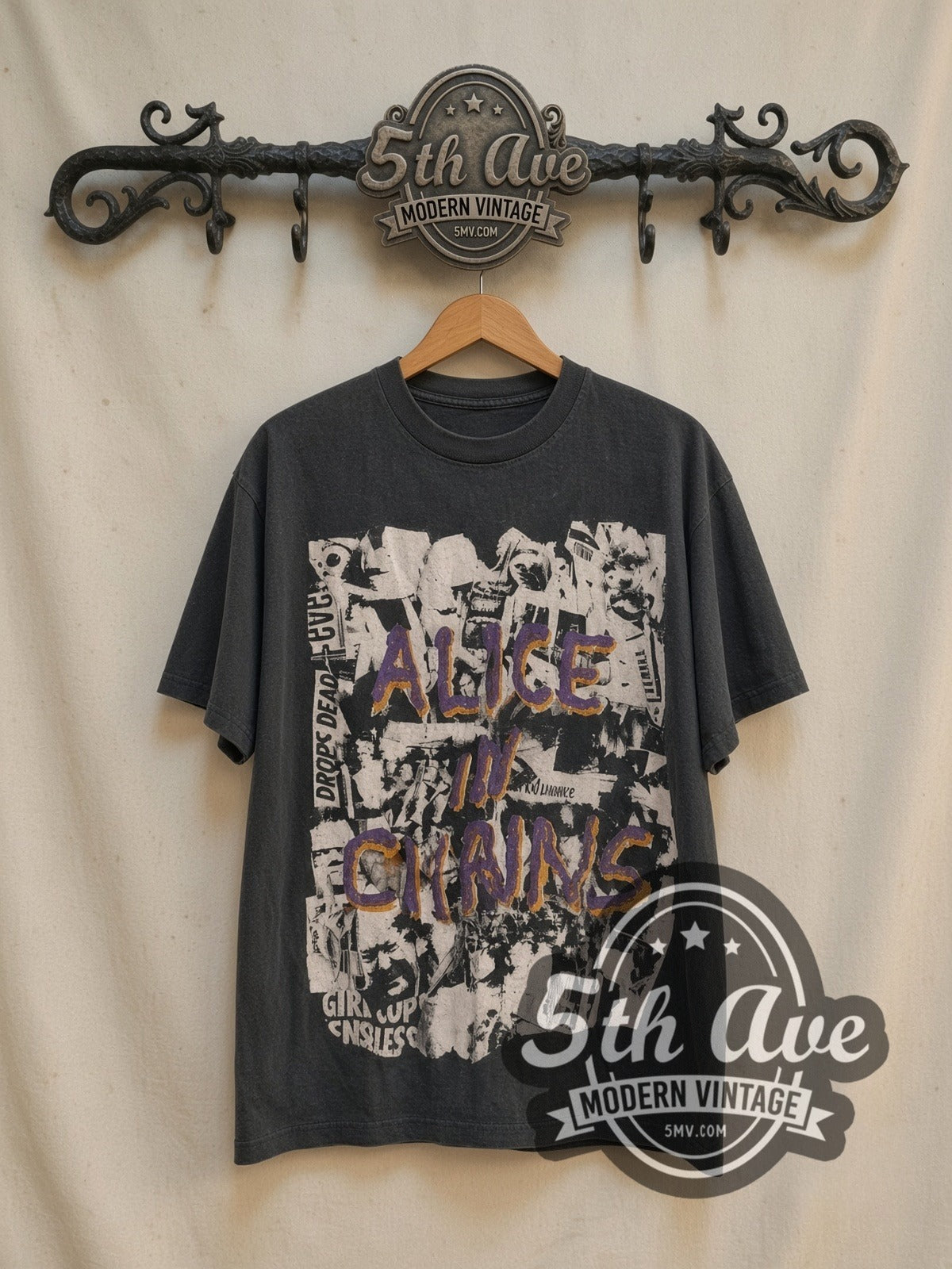 Alice In Chains European Tour 1993 vintage band t-shirt in black, front view on a display rack