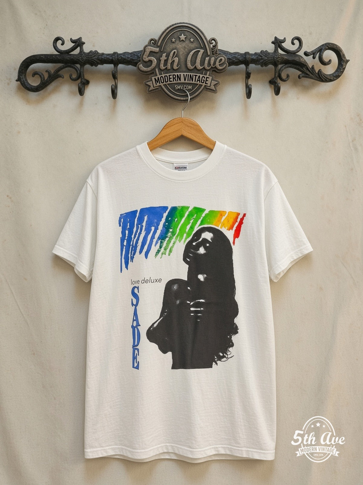 Sade – Love Deluxe Tour 1993 – Vintage Band T-Shirt — front on locked cream ornate 5th Ave rack