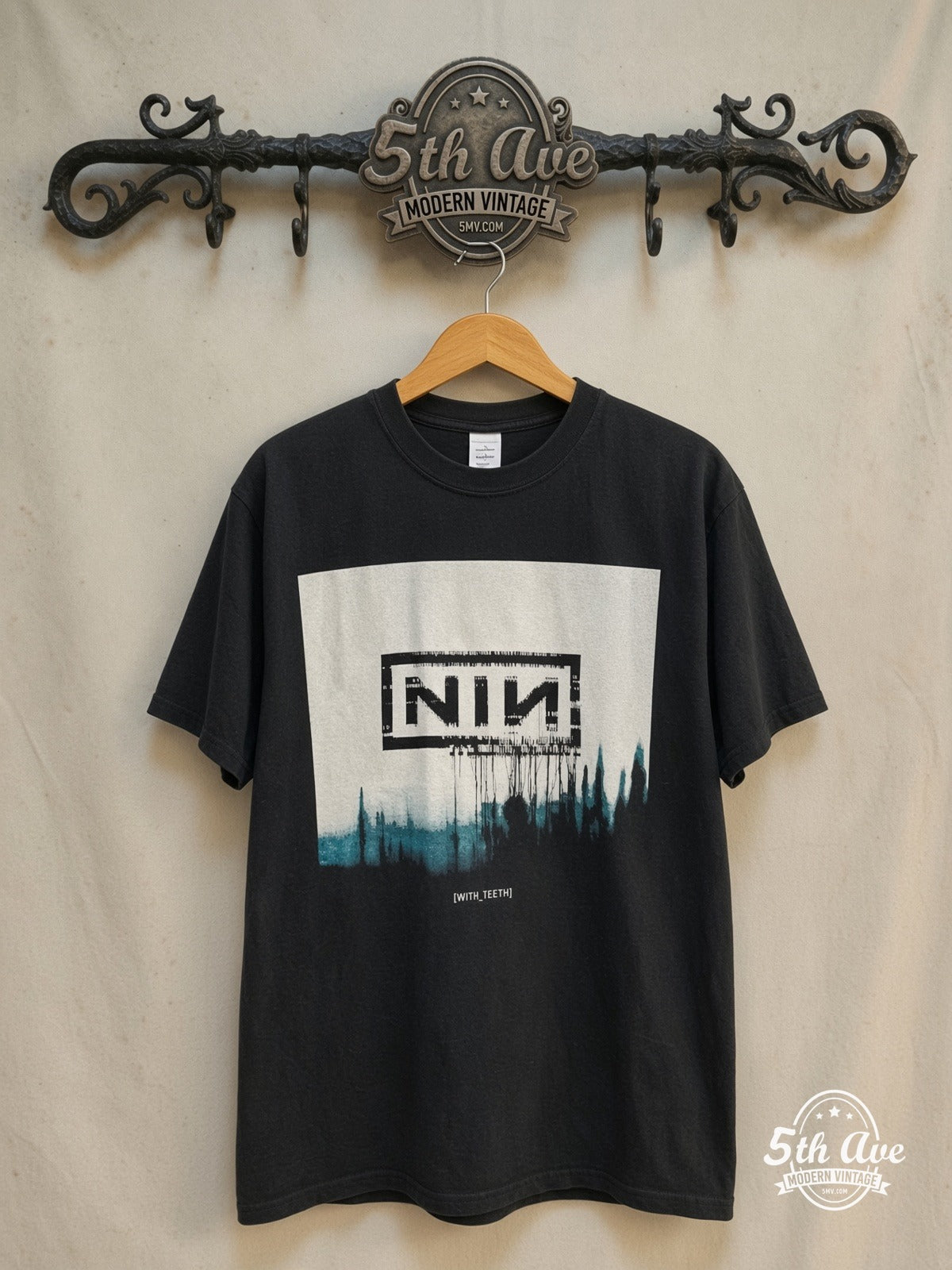 Nine Inch Nails – NIИ 'With Teeth – Vintage Band T-Shirt — front on locked cream ornate 5th Ave rack