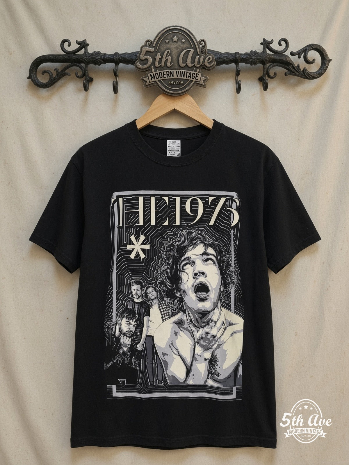 The 1975 – Matty Healy Throat Clutch Asterisk – Vintage Band T-Shirt — front on locked cream ornate 5th Ave rack