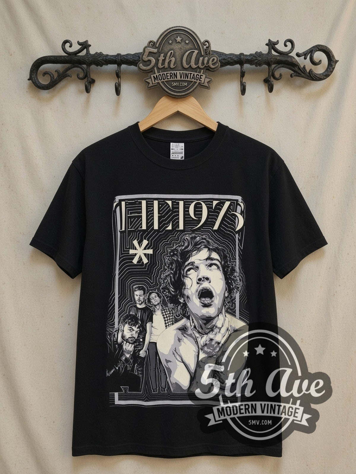 The 1975 Matty Healy Throat Clutch Asterisk vintage band t-shirt, front view on the 5MV rack