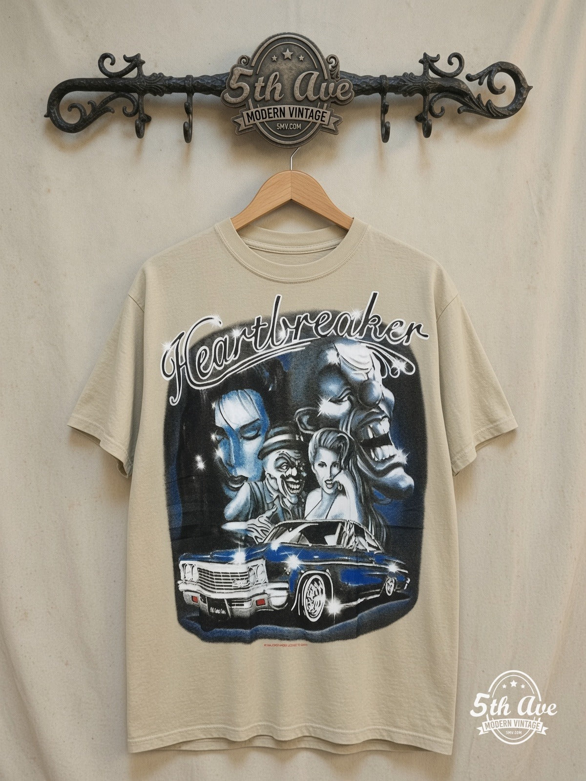 Heartbreaker - Rollin hard lowrider low rider car culture t shirt – Vintage Band T-Shirt — front on locked cream ornate 5th Ave rack