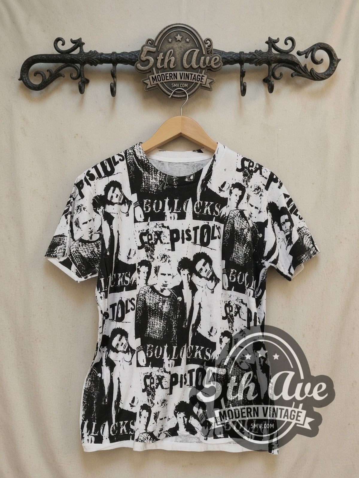 Sex Pistols Never Mind the Bollocks Collage all-over-print vintage band t-shirt, front view on the 5MV rack