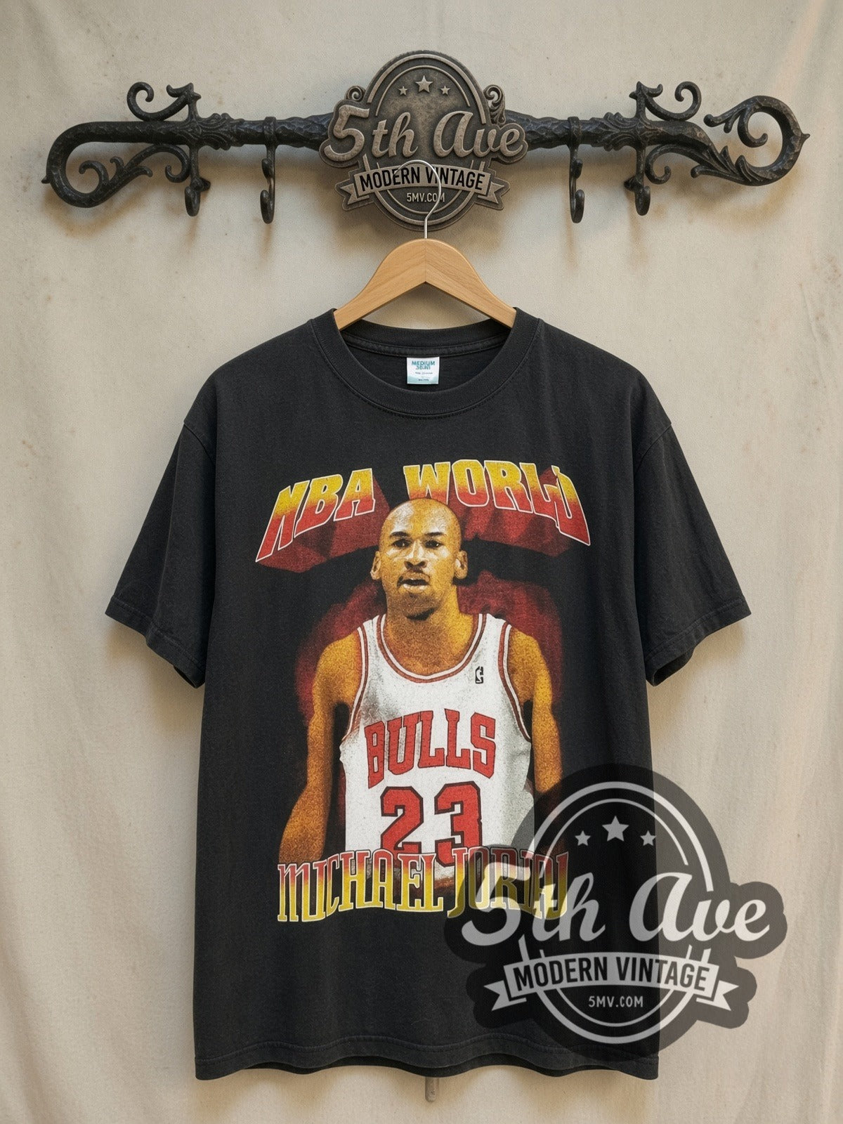 Michael Jordan NBA World vintage basketball tee, front view on a display rack