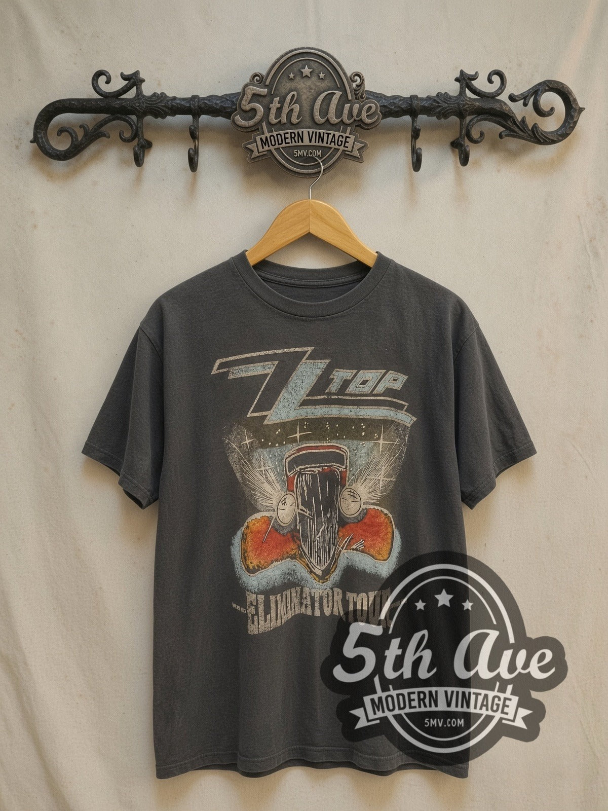 Graphic ZZ Top vintage band t-shirt, front view on a display rack