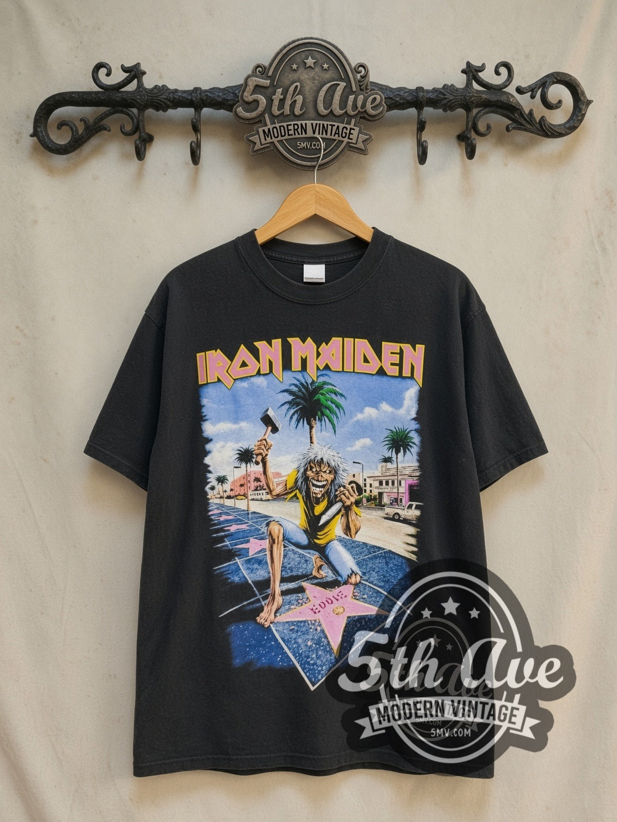 Iron Maiden Los Angeles' The Forum 2008 vintage band t-shirt in black, front view on the 5MV rack